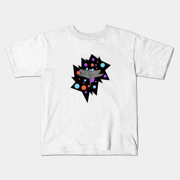 Dragonfly with cartoon eyes flys over colourful chasm Kids T-Shirt by Dazedfuture